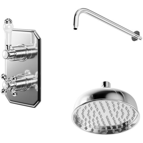 Windsor Traditional Polished Chrome Concealed Twin Thermostatic Shower Valve and 165mm Round Fixed Head with Wall Arm - 1 Outlet (1/5)