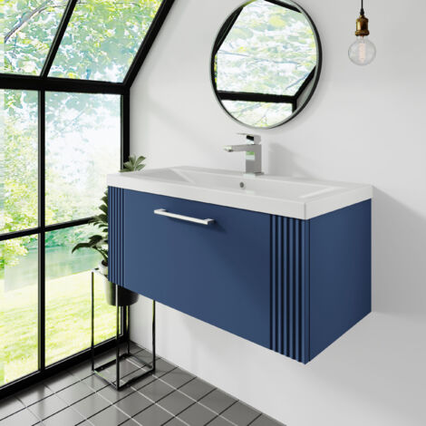 Nuie Deco Satin Blue 800mm Wall Hung Single Drawer Vanity Unit and Curved Ceramic Basin - DPF396G (1/5)