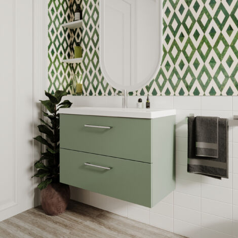 Nuie Arno Satin Green 800mm Wall Hung 2 Drawer Vanity Unit and Thin Edge Ceramic Basin - ARN826D (1/5)