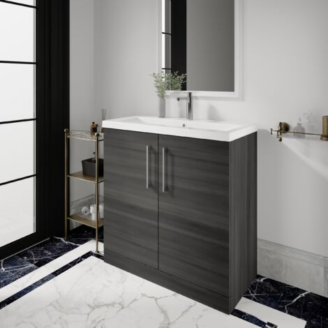 Nuie Arno Anthracite Woodgrain 800mm 2 Door Vanity Unit and Thin Edge Ceramic Basin - ARN505D (1/5)