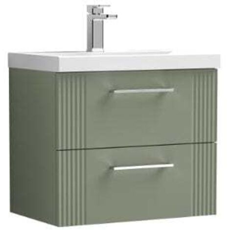 Nuie Deco Satin Green 600mm Wall Hung 2 Drawer Vanity Unit and Curved Ceramic Basin - DPF893G (1/5)