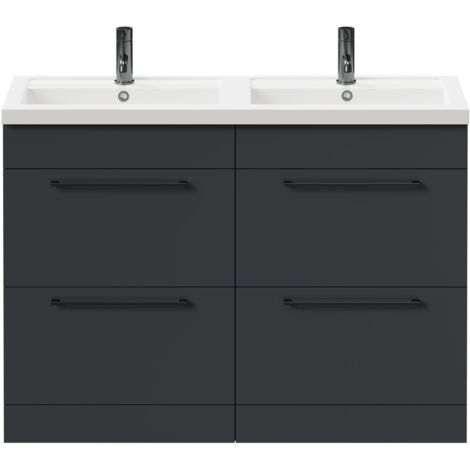 Napoli Gloss Grey 1200mm Floor Standing Vanity Unit with Polymarble Double Basin and 4 Drawers with Gunmetal Grey Handles