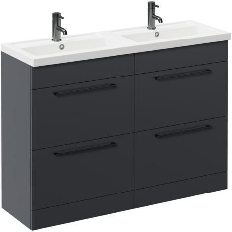 Napoli Gloss Grey 1200mm Floor Standing Vanity Unit with Polymarble Double Basin and 4 Drawers with Gunmetal Grey Handles