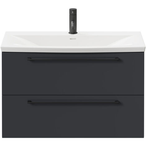 Napoli Gloss Grey 800mm Wall Mounted Vanity Unit with 1 Tap Hole Curved ...