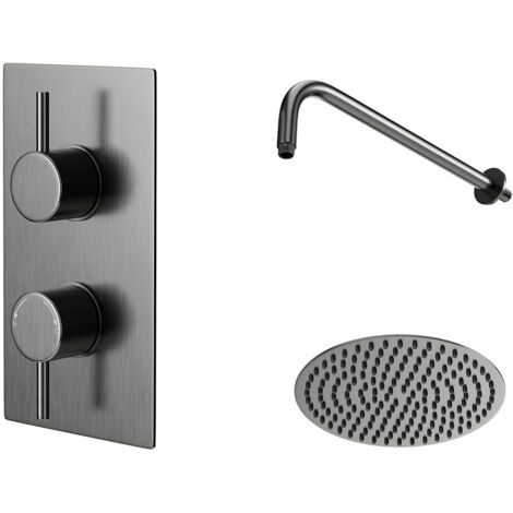 Colore Round Gunmetal Grey Concealed Twin Thermostatic Valve Mixer Shower Including 300mm Fixed Shower Head and Wall Arm - 1 Outlet