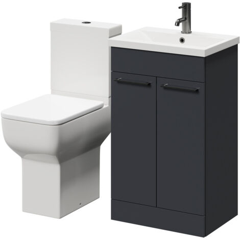 Wholesale Domestic Alessio Gloss Grey 500mm Vanity Unit and Toilet Suite including Comfort Height Toilet and Floor Standing Vanity Unit with 2 Doors and Gunmetal Grey Handles (1/5)