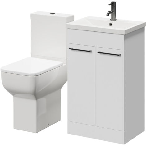 Wholesale Domestic Alessio Gloss White 500mm Vanity Unit and Toilet Suite including Comfort Height Toilet and Floor Standing Vanity Unit with 2 Doors and Gunmetal Grey Handles (1/5)