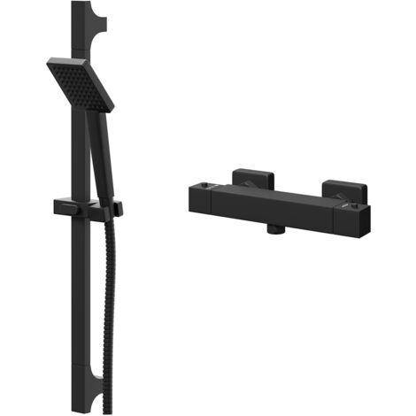 Colore Square Matt Black Thermostatic Bar Valve Mixer Shower with Square Slide Rail Kit (1/5)