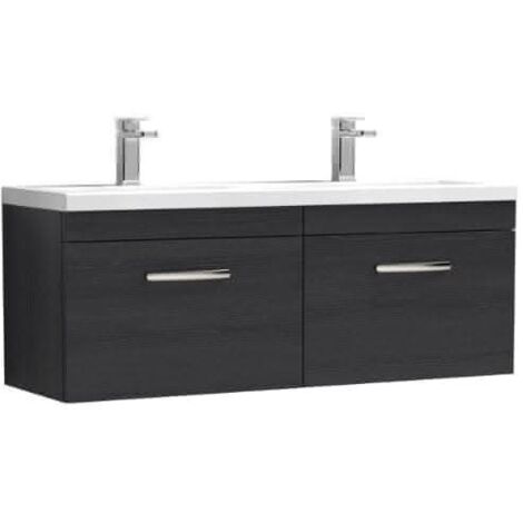 Nuie Athena Charcoal Black Woodgrain 1200mm Wall Hung 2 Drawer Vanity Unit and Double Ceramic Basins - ATH040F (1/5)