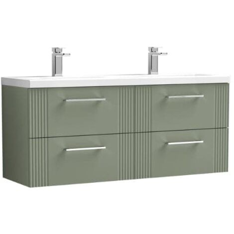 Nuie Deco Satin Green 1200mm Wall Hung 4 Drawer Vanity Unit and Double Ceramic Basins - DPF893F (1/5)