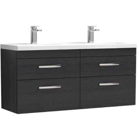 Nuie Athena Charcoal Black Woodgrain 1200mm Wall Hung 4 Drawer Vanity Unit and Double Ceramic Basins - ATH047F