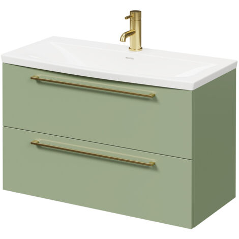 Napoli Olive Green 800mm Wall Mounted Vanity Unit with 1 Tap Hole ...