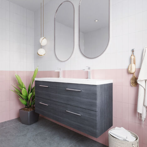 Nuie Arno Anthracite Woodgrain 1200mm Wall Hung 4 Drawer Vanity Unit with Double Ceramic Basins - ARN524F (1/5)
