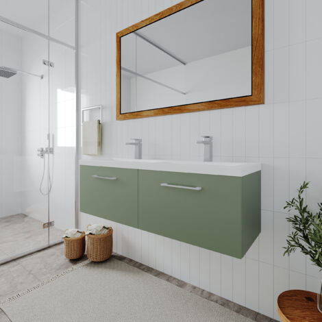 Nuie Arno Satin Green 1200mm Wall Hung 2 Drawer Vanity Unit with Double Ceramic Basins - ARN822F (1/5)