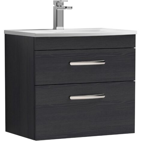 Nuie Athena Charcoal Black Woodgrain 600mm Wall Hung 2 Drawer Vanity Unit and Curved Ceramic Basin - ATH047G (1/5)