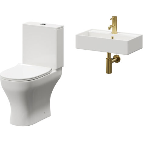 Wholesale Domestic Tomar 505mm Wall Hung Basin and Toilet Suite including Round Brushed Brass Bottle Trap and Open Back Toilet