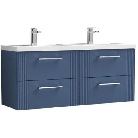 Nuie Deco Satin Blue 1200mm Wall Hung 4 Drawer Vanity Unit and Double Polymarble Basins - DPF393C (1/5)