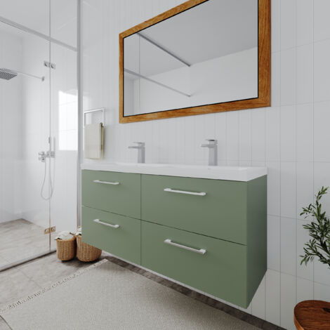 Nuie Arno Satin Green 1200mm Wall Hung 4 Drawer Vanity Unit and Double Polymarble Basins - ARN824C