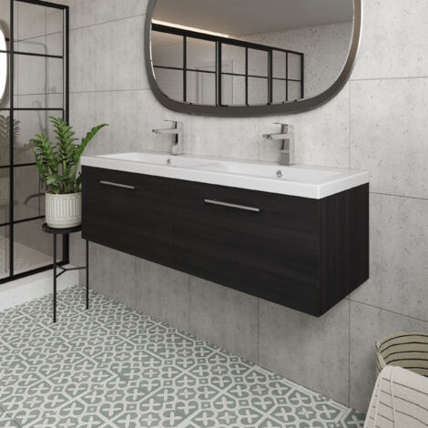 Nuie Arno Charcoal Black Woodgrain 1200mm Wall Hung 2 Drawer Vanity Unit and Double Polymarble Basins - ARN622C (1/5)