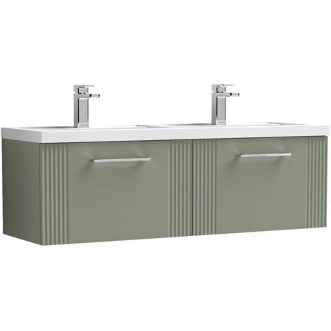 Nuie Deco Satin Green 1200mm Wall Hung 2 Drawer Vanity Unit and Double Polymarble Basins - DPF894C