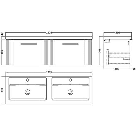 Nuie Deco Satin Green 1200mm Wall Hung 2 Drawer Vanity Unit and Double Polymarble Basins - DPF894C