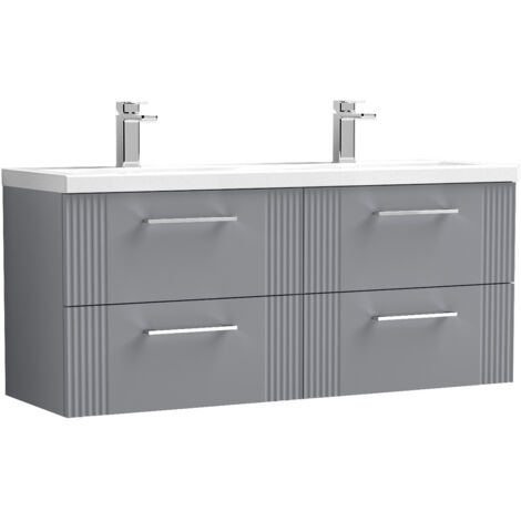 Nuie Deco Satin Grey 1200mm Wall Hung 4 Drawer Vanity Unit and Double Ceramic Basins - DPF293F