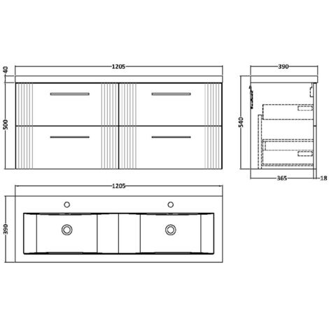 Nuie Deco Satin Grey 1200mm Wall Hung 4 Drawer Vanity Unit and Double Ceramic Basins - DPF293F