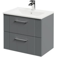 Wholesale Domestic Avant Satin Grey 600mm Wall Mounted Vanity Unit with 1 Tap Hole Minimalist Basin and 2 Drawers with Polished Chrome Handles