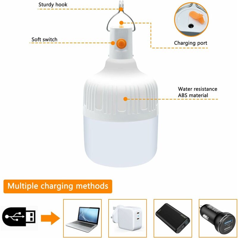 GABRIELLE Lanterne Camping Rechargeable, Lampe Camping LED  Rechargeable-Lumière Blanche Chaude 3000K,Luminosité Réglable 3 Modes,  10H+Autonomie,Portable Étanche Lampe Tente pour Camping/Urgence