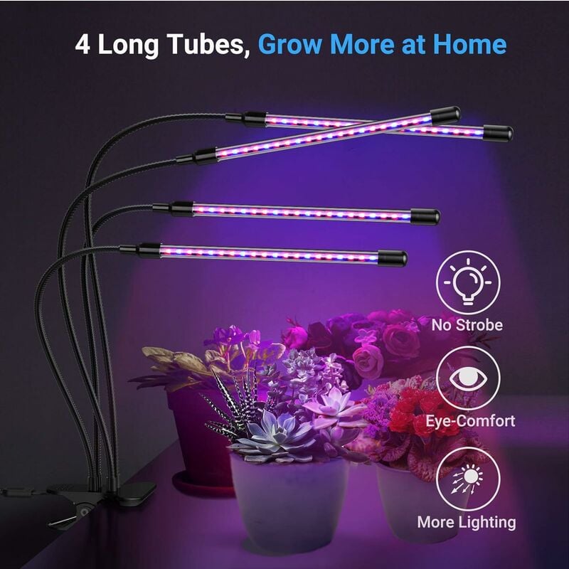 COKOLILA Lampe de Plante, 80 LEDs Lampe de Croissance Lampe Horticole LED  pour Plantes à 4 Têtes Lampe, Croissance Spectre Complet Avec Chronométrage