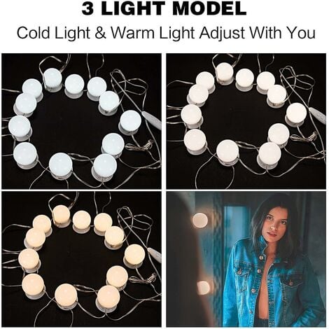 Lumière de Miroir, 12 Ampoules Hollywood Kit de Lumière LED Dimmable Lampe  pour Miroir Cosmétique Salle de Bain 3 Couleurs 10 Niveaux de Luminosité  avec Adaptateur (Miroir Non Inclus)
