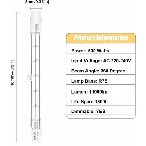 Ampoule - 500W Tube R7S 118Mm Halogène Dimmable Blanc Chaud 2800K