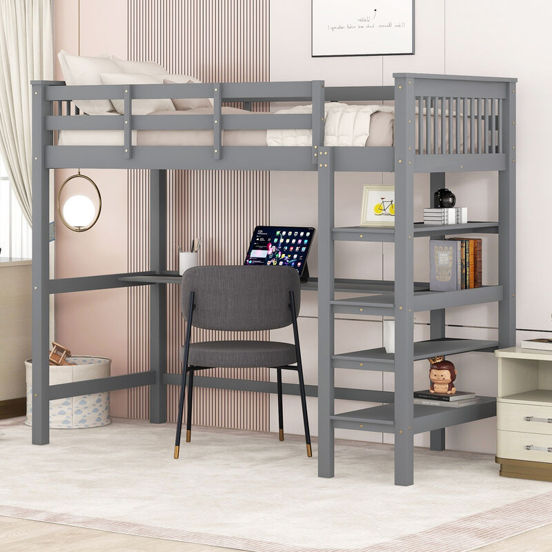 Cama tipo loft con escritorio y armario, cama individual sobre cama  individual, literas tipo loft, marco con cajones de almacenamiento y  estantería de