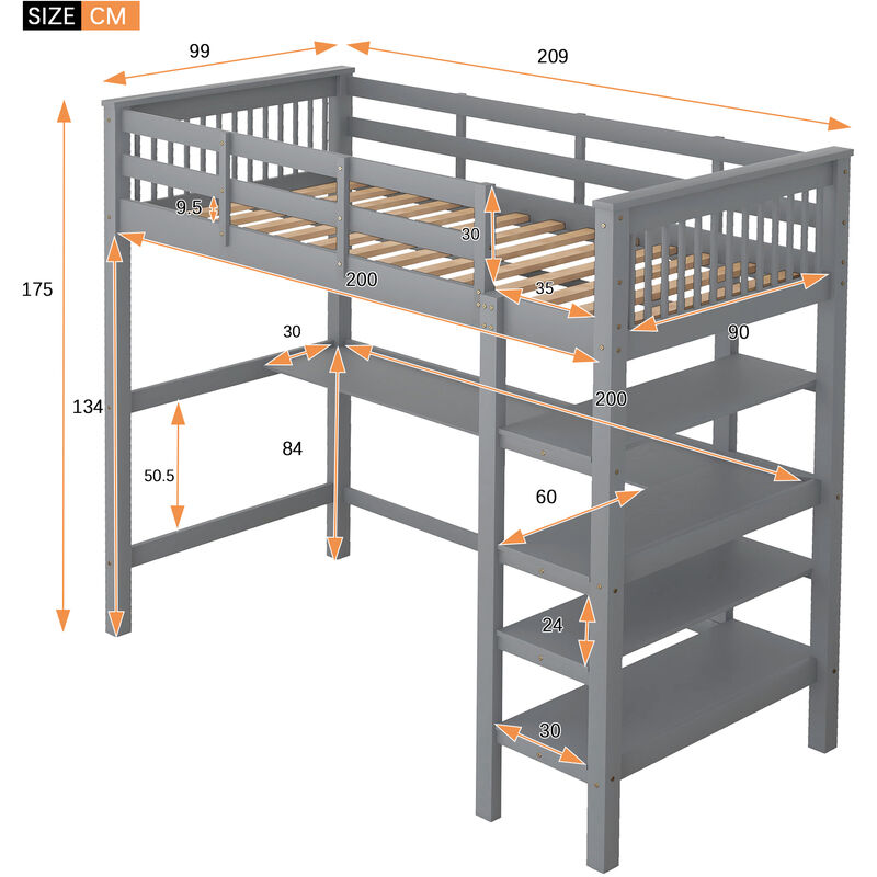 Merax Cama alta infantil 90 x 200 con compartimentos y escritorio bajo la  cama