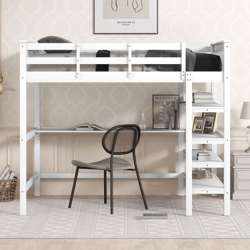  Merax Cama tipo loft con armario, escritorio, estantería y  cajones, color blanco : Hogar y Cocina