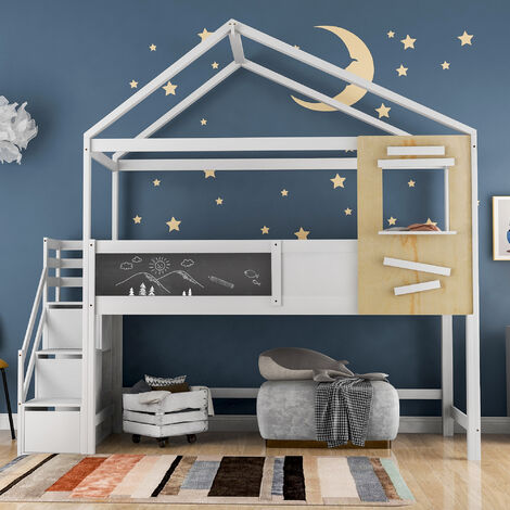 Cama baja para niños, marco de cama loft de madera con tobogán para niños y  niñas, tamaño individual (blanco)