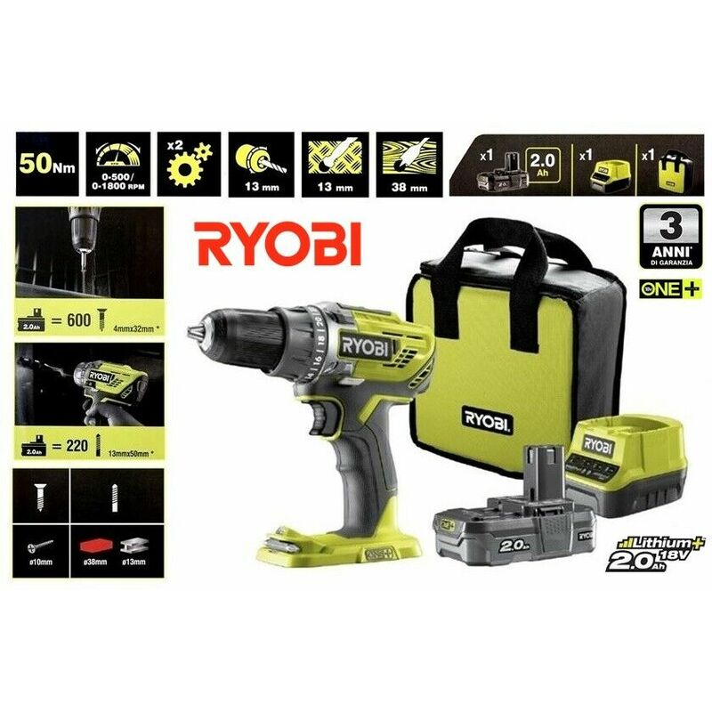 TRAPANO AVVITATORE A BATTERIA 18V 2.0Ah DOPPIA VELOCITA' MANDRINO 13 mm  RYOBI