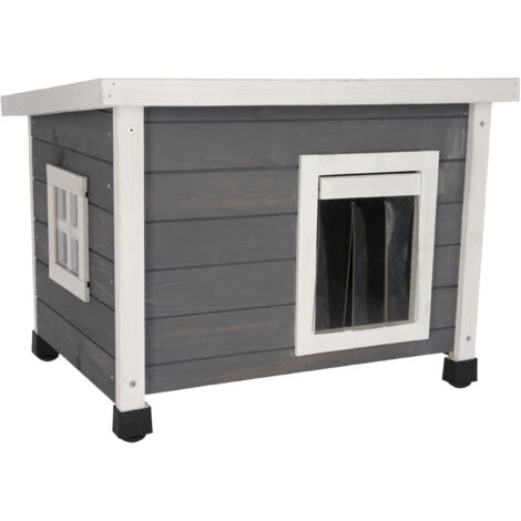 Casa para gatos Kerbl Rustica (casa para gatos de madera, blanco/gris, puerta batiente con láminas, ventana de plexiglás, patas de plástico de altura regulable, villa para gatos) 80991