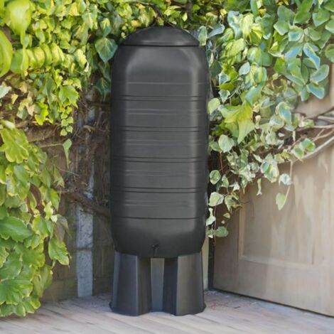 250L Slimline Water Butt With Tap & Lid with Stand and Diverter BLACK (1/5)