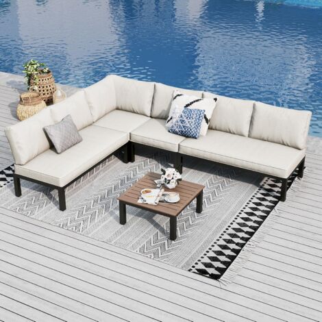 PHI VILLA Gartenmöbel Balkonmöbel Set 5 Teilig, Metall Lounge Möbel Outdoor Gartenlounge Set 6-Sitzer, Terrassenmöbel Modulare Möbel mit Verstärkten Kissen und Kaffeetisch, Beige