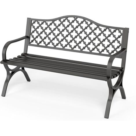 PHI VILLA Schwarze Gartenbank mit Rückenlehne aus Gusseisen und stabilem Stahlrahmen 2-3 Sitzer Bank Outdoor für Veranda, Park, Balkon und Garten