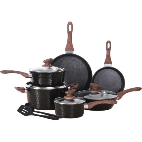 Kitchen Academy 12 Stück Antihaft Granit Töpfe und Pfannen Set, Induktion Kochgeschirr Set, Kochpfannen Set, Schwarz