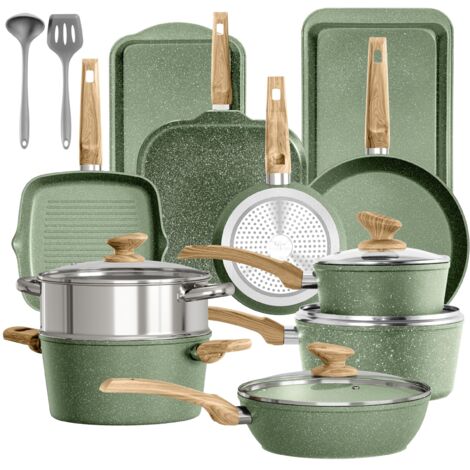 Kitchen Academy Topfset 17-teiliges Induktions-Kochgeschirr-Set mit Glasdeckeln und Granitbeschichtung inkl. Pfannen und Töpfe (grün 17 tlg)