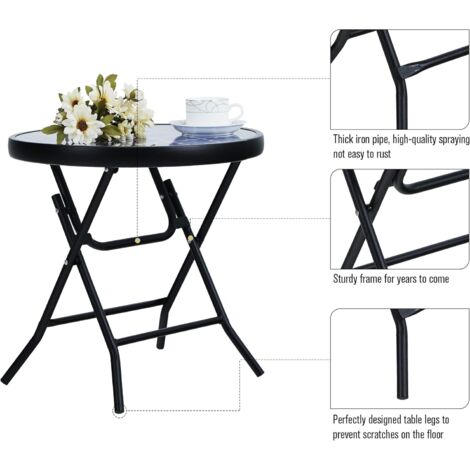 PHIVILLA Klappbar Runder Beistelltisch Glas aus Metall Gartentisch Kaffeetisch Klein Balkontisch wetterfest pflegeleicht für Balkon Garten Terrasse Wohnzimmer navyblau
