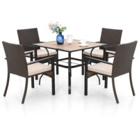 PHIVILLA Outdoor Garten Terrasse Balkon Gartenmöbel, 94cm Quadratische Metall Holzähnlich Tisch mit 4cm Schirmloch und 4 Polyrattan Sessel Mit Kissen, Wetterfest