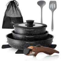 Kitchen Academy Topfset 10tlg, Topf Pfannenset mit Glasdeckeln, Marmorbeschichtung Antihaft-Versiegelung Kochgeschirr-Set, induktionsgeeignet, Maseriger glater Griff, Schwarz
