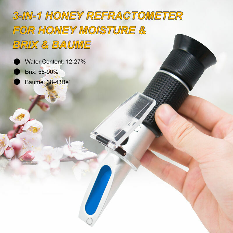 Réfractomètre à miel pour l'humidité du miel, Brix et Baume, utilisations  3-en-1, 58-90% Brix Scale Range Testeur d'humidité au miel avec Atc