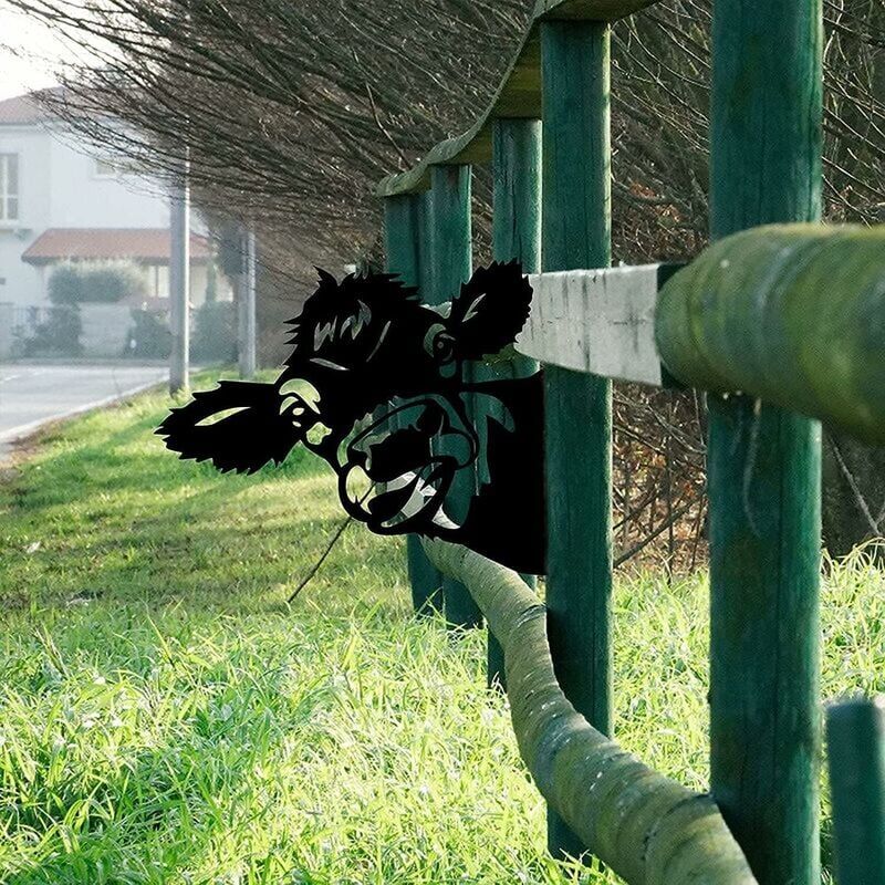 Décoration de jardin en métal avec vache amusante, silhouette d'animal à  suspendre pour clôture ou