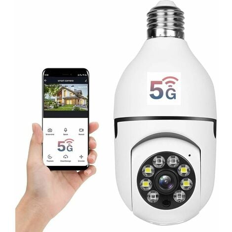 Caméra de surveillance interieur / exterieur WiFi 360 degrés extérieure,  2,4 GHz et 5 GHz WiFi ampoule caméra, caméra de sécurité sans fil WiFi  1080P avec détection de mouvement humain jour et nuit au