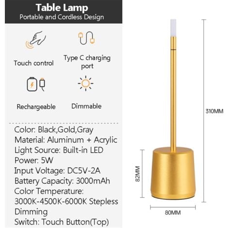 ZOLGINAH Lampe de Table Sans Fil Rechargeable Usb, 3000mAh lumiere bureau LED tactile puissante pile, 3 températures de couleur, pour chevet, camping, interieur, exterieur, terrasse, restaurant